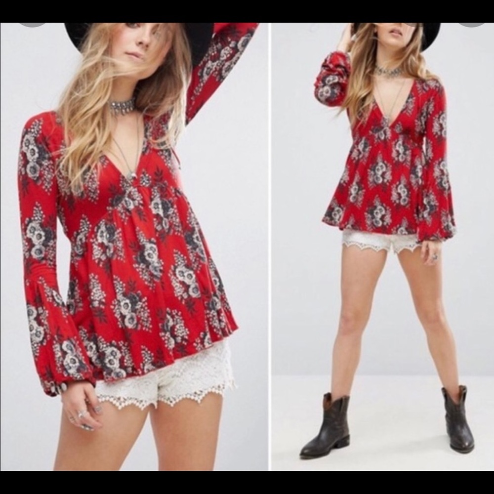 Free People Red Floral Long Flared Sleeve Swing Tunic, Vneck, Li
